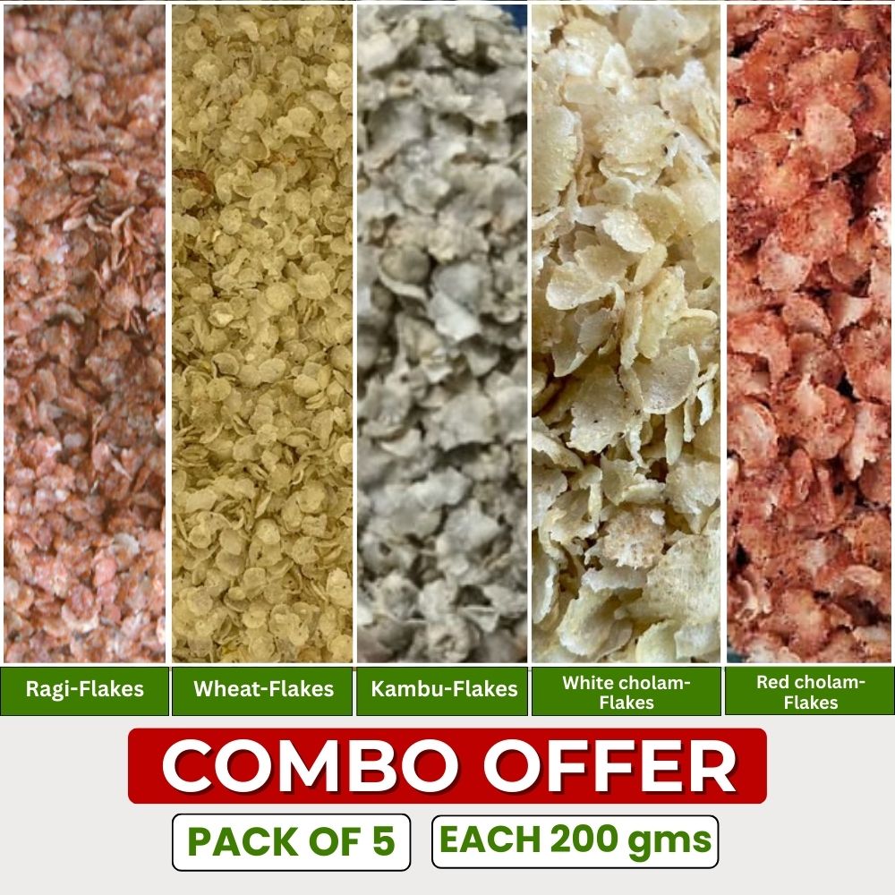 Ragi, Kambu, White Cholam, Red Cholam, Wheat - Flakes