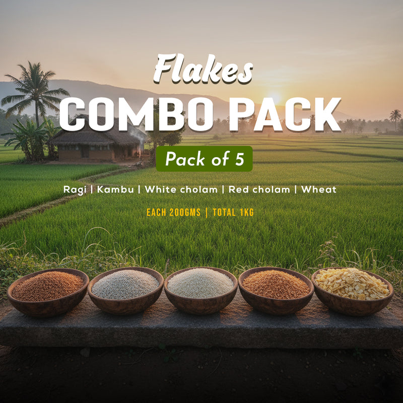 Ragi, Kambu, White Cholam, Red Cholam, Wheat - Flakes